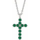14K Gold Round Lab-Grown Emerald Accented Cross Necklace or Pendant