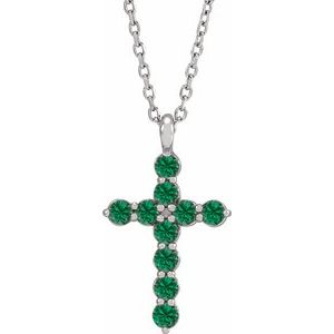 14K Gold Round Lab-Grown Emerald Accented Cross Necklace or Pendant