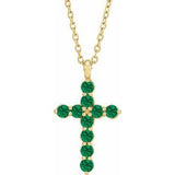 14K Gold Round Lab-Grown Emerald Accented Cross Necklace or Pendant