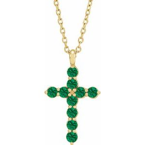 14K Gold Round Lab-Grown Emerald Accented Cross Necklace or Pendant