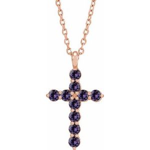 14K Gold Round Lab-Grown Alexandrite Accented Cross Necklace or Pendant