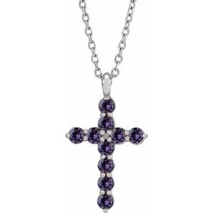 14K Gold Round Lab-Grown Alexandrite Accented Cross Necklace or Pendant
