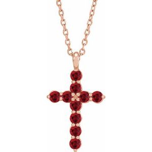 14K Gold Round Lab-Grown Ruby Accented Cross Necklace or Pendant