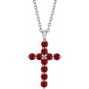 14K Gold Round Lab-Grown Ruby Accented Cross Necklace or Pendant