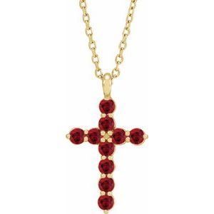 14K Gold Round Lab-Grown Ruby Accented Cross Necklace or Pendant