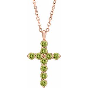14K Gold Round Natural Peridot Accented Cross Necklace or Pendant