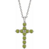 Platinum Round Natural Peridot Accented Cross Necklace or Pendant