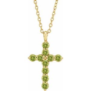 14K Gold Round Natural Peridot Accented Cross Necklace or Pendant