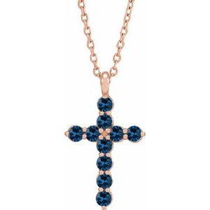 14K Gold Round Lab-Grown Blue Sapphire Accented Cross Necklace or Pendant