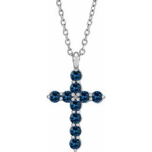 Platinum Round Lab-Grown Blue Sapphire Accented Cross Necklace or Pendant