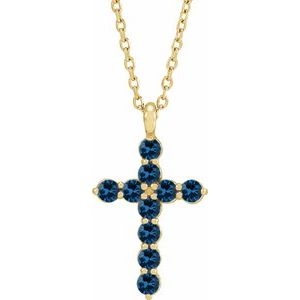 14K Gold Round Lab-Grown Blue Sapphire Accented Cross Necklace or Pendant