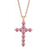 14K Gold Round Natural Pink Tourmaline Accented Cross Necklace or Pendant