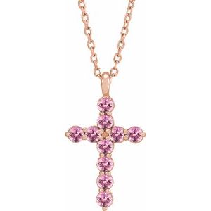 14K Gold Round Natural Pink Tourmaline Accented Cross Necklace or Pendant