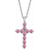14K Gold Round Natural Pink Tourmaline Accented Cross Necklace or Pendant