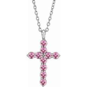 14K Gold Round Natural Pink Tourmaline Accented Cross Necklace or Pendant