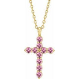 14K Gold Round Natural Pink Tourmaline Accented Cross Necklace or Pendant
