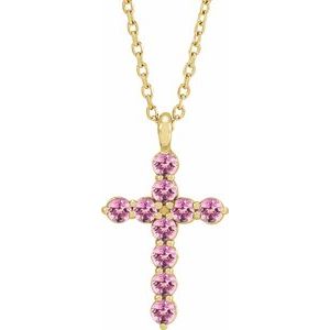 14K Gold Round Natural Pink Tourmaline Accented Cross Necklace or Pendant