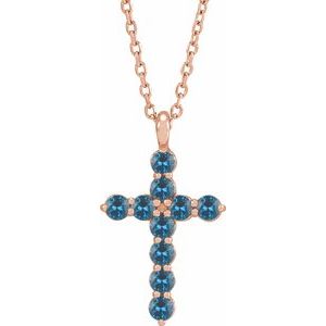 14K Gold Round Natural Blue Zircon Accented Cross Necklace or Pendant