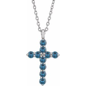 14K Gold Round Natural Blue Zircon Accented Cross Necklace or Pendant
