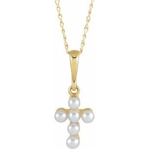 14K Gold Cultured White Seed Pearl Youth Cross Necklace or Pendant