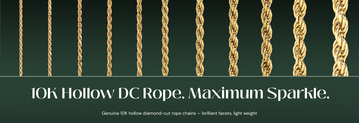 Italian 10K hollow diamond-cut rope chains