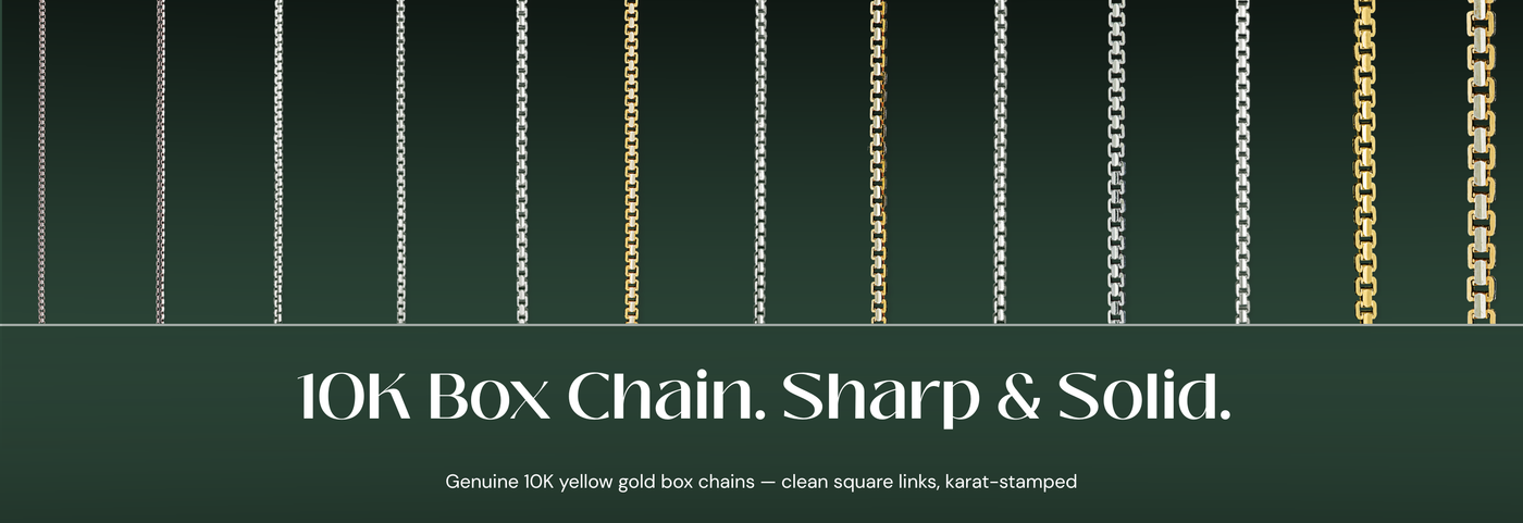 Italian 10K yellow gold box chain necklaces with crisp square links