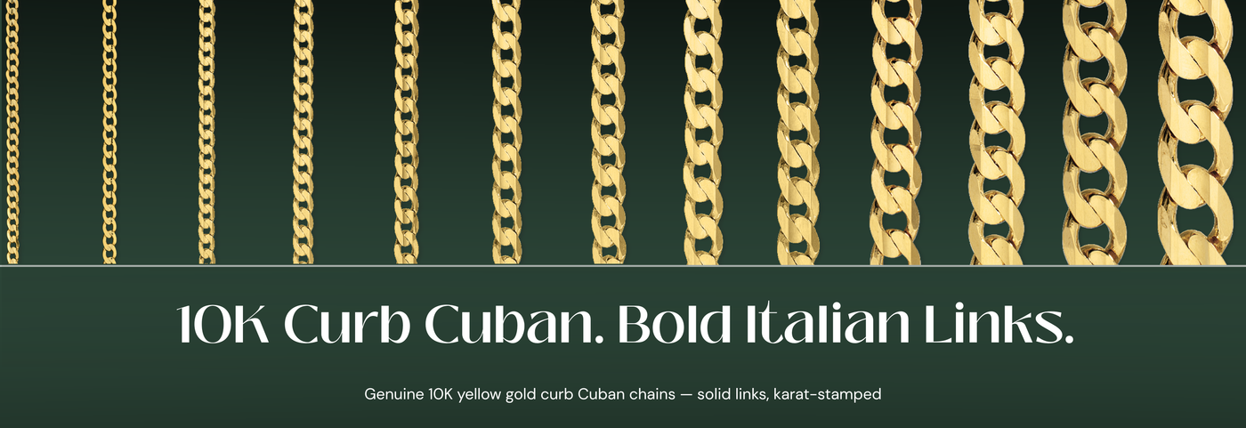 Italian 10K yellow gold curb Cuban chains with flat interlocking links