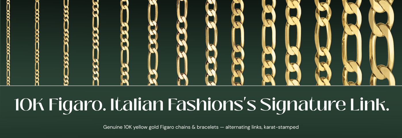 Italian 10K yellow gold Figaro chains with alternating long and short links