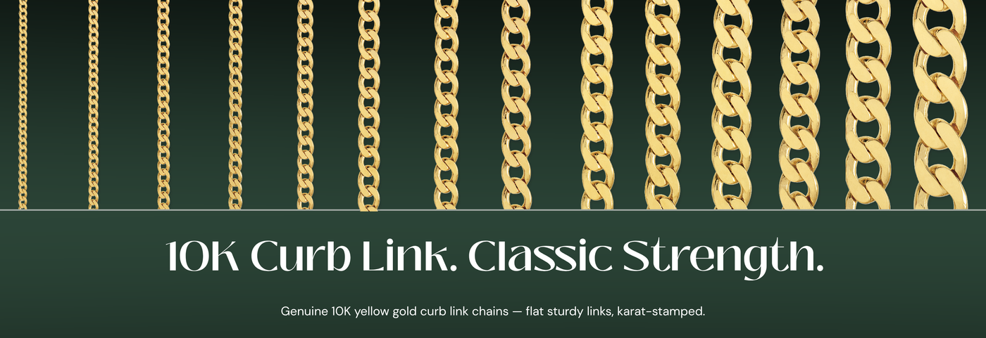 Italian 10K yellow gold curb link chains with flat links
