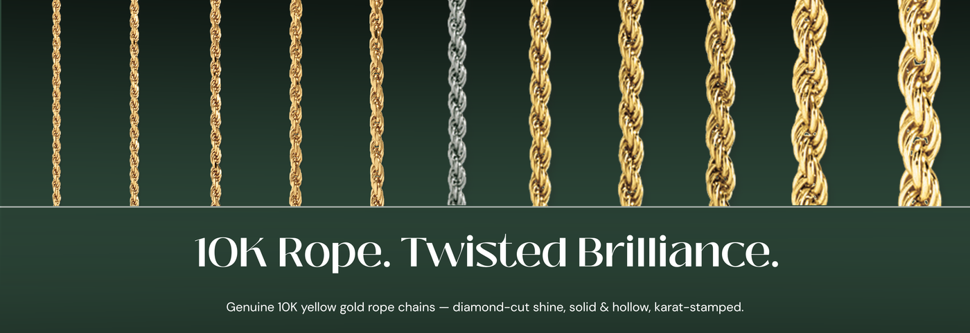 Italian 10K yellow gold rope chains with a diamond-cut twisted design