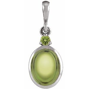 Platinum Oval Natural Peridot Cabochon Bezel-Set Necklace or Pendant