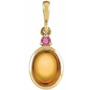 14K Gold Oval Natural Citrine & Natural Pink Tourmaline Cabochon Bezel-Set Necklace or Pendant
