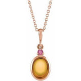 14K Gold Oval Natural Citrine & Natural Pink Tourmaline Cabochon Bezel-Set Necklace or Pendant