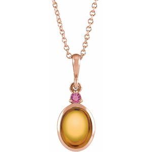 14K Gold Oval Natural Citrine & Natural Pink Tourmaline Cabochon Bezel-Set Necklace or Pendant