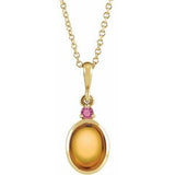 14K Gold Oval Natural Citrine & Natural Pink Tourmaline Cabochon Bezel-Set Necklace or Pendant