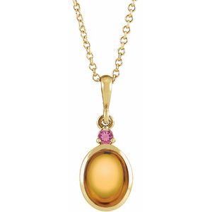 14K Gold Oval Natural Citrine & Natural Pink Tourmaline Cabochon Bezel-Set Necklace or Pendant