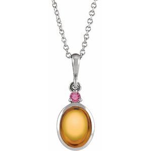 14K Gold Oval Natural Citrine & Natural Pink Tourmaline Cabochon Bezel-Set Necklace or Pendant