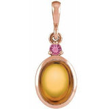 14K Gold Oval Natural Citrine & Natural Pink Tourmaline Cabochon Bezel-Set Necklace or Pendant