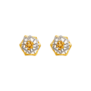 14K Yellow  Two-Tone Gold Diamond Cut Flower Stud Earrings