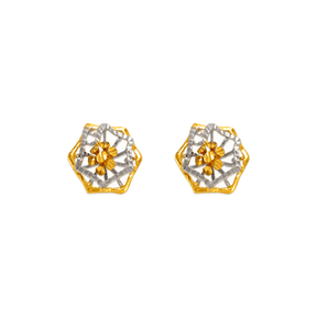14K Yellow Two-Tone Gold Diamond Cut Flower Stud Earrings