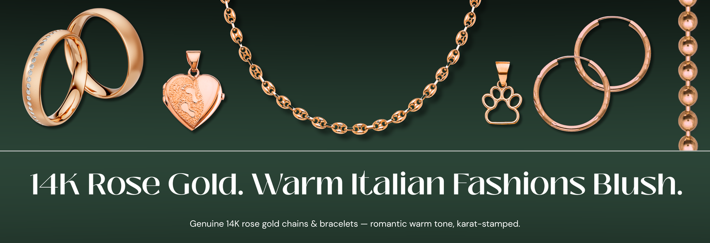 Italian 14K rose gold chains and bracelets with a warm blush tone