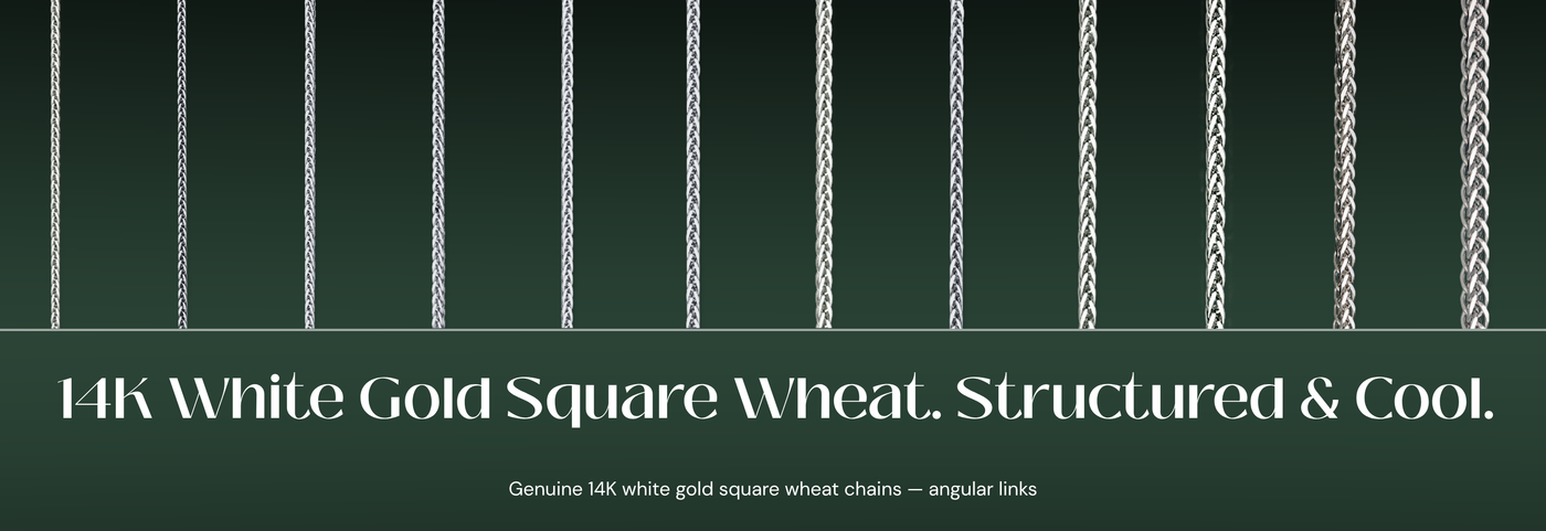 Italian 14K white gold square wheat chains