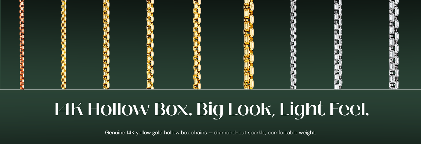 Italian 14K yellow gold hollow diamond-cut box chains