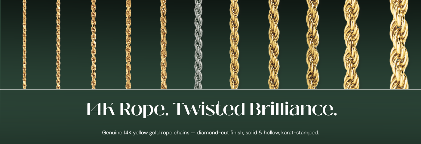 Italian 14K yellow gold rope chains with diamond-cut twisted links