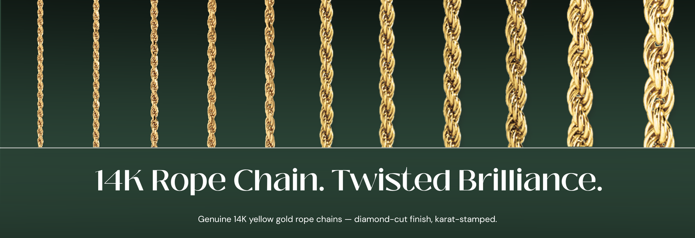 Italian 14K yellow gold rope chains with a diamond-cut twist