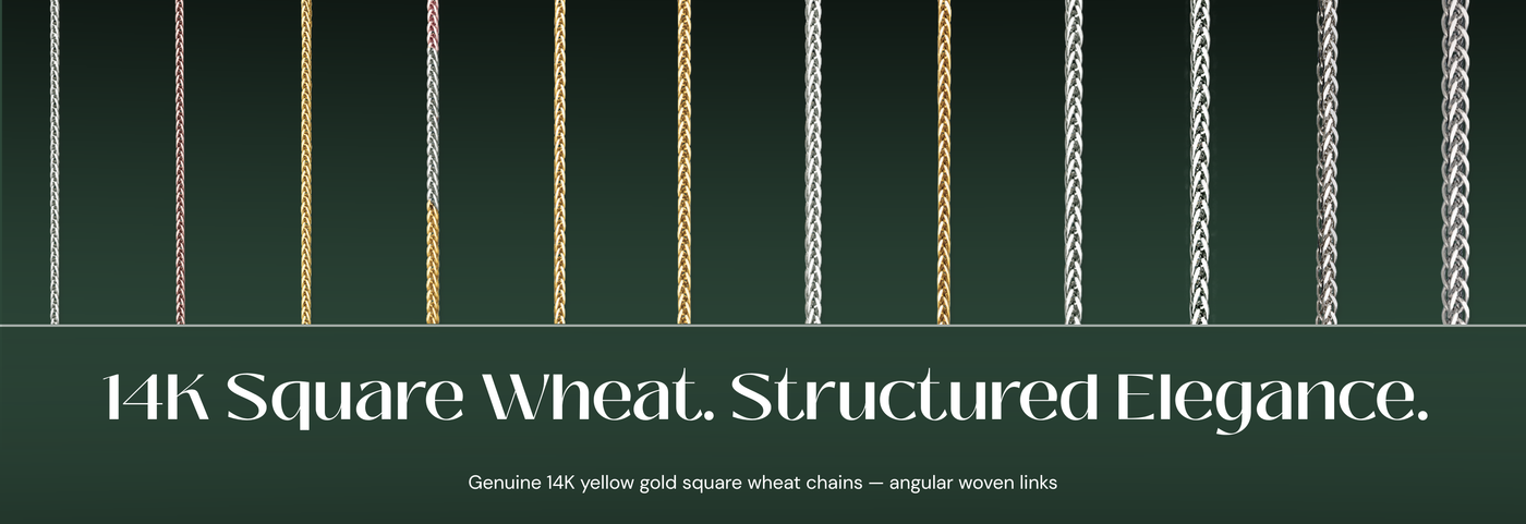 Italian 14K yellow gold square wheat chains with angular links