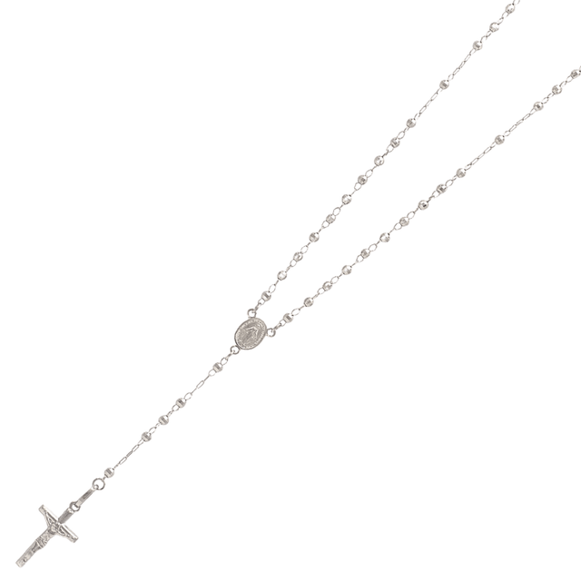 14k diamond cut rosary necklace with a cross and medallion on a delicate chain.