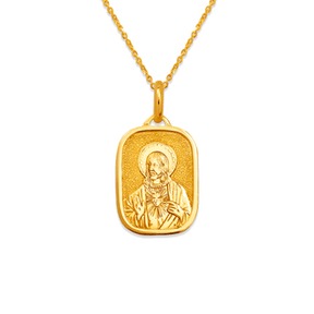 14K Yellow Jesus Sacred Heart Religious Gold Pendant displayed on a gold chain necklace.