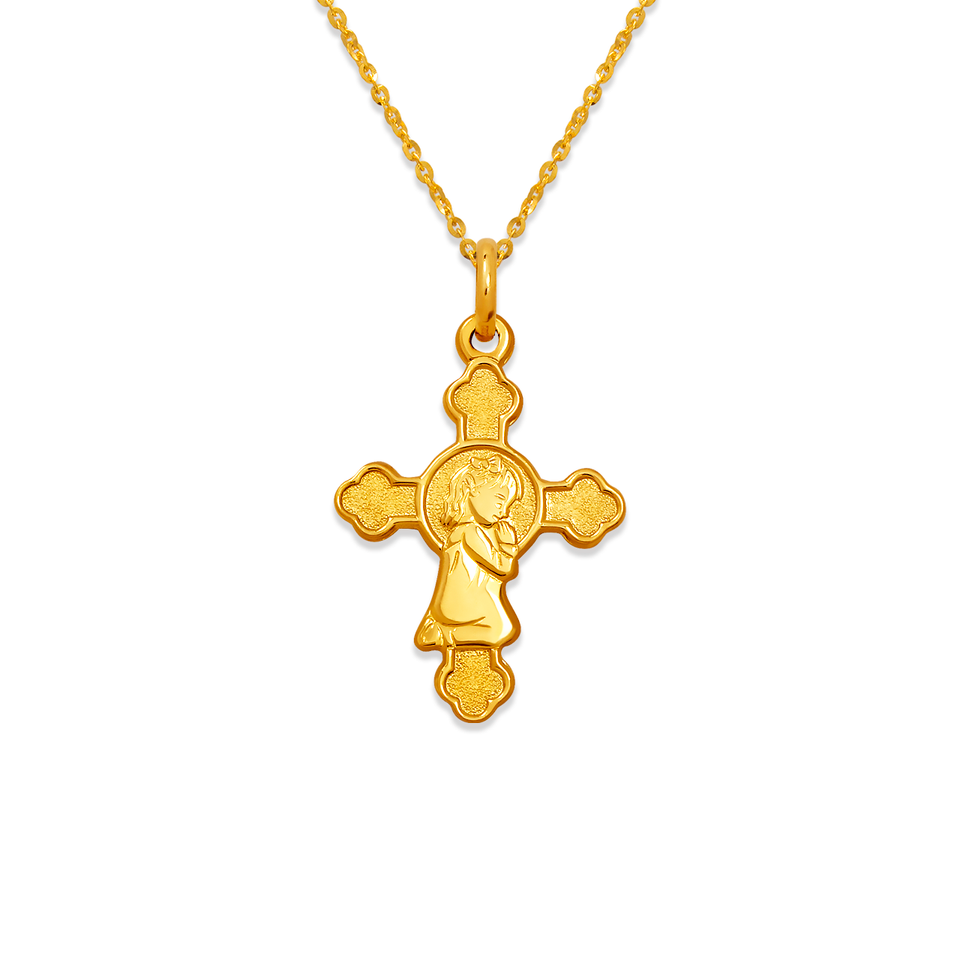 Pingente religioso de cruz de menina de comunhão em ouro amarelo 14K 