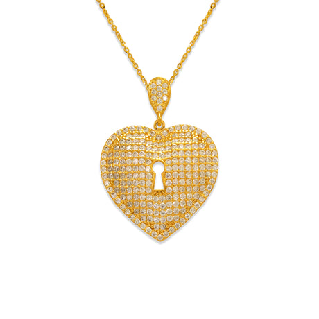 14K Yellow Gold Fancy Heart Lock CZ Pendant | Italian Fashions